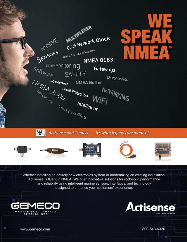 Trade Advertisement for Actisense, a leader in NMEA technology that specializes in communication of marine electronics.