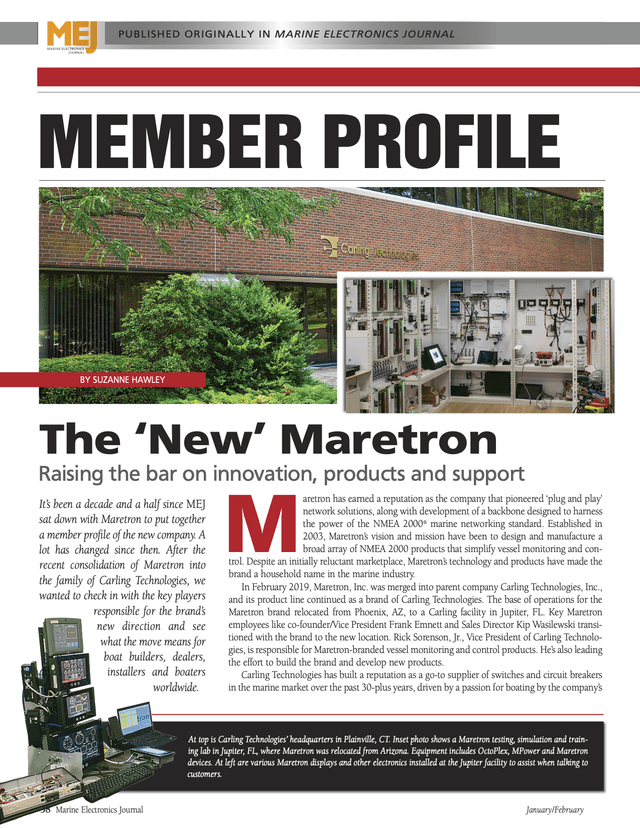 Maretron Member Profile article detailing the rebranding efforts and merging of two iconic brands.