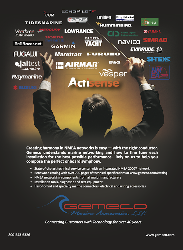 Award winning distributor ad that visually demonstrates how GEMECO works together with NMEA manufacturers. NMEA manufacturers are symbolized as an orchestra, and GEMECO is symbolized as a conductor.