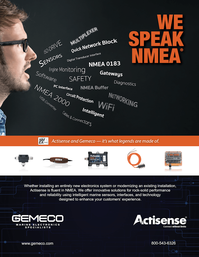 Trade Advertisement for Actisense, a leader in NMEA technology that specializes in communication of marine electronics.