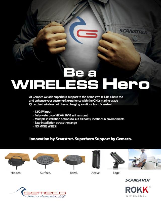 B2B Partnership Ad promoting Scanstrut Rokk wireless products from an industry leading distributor.